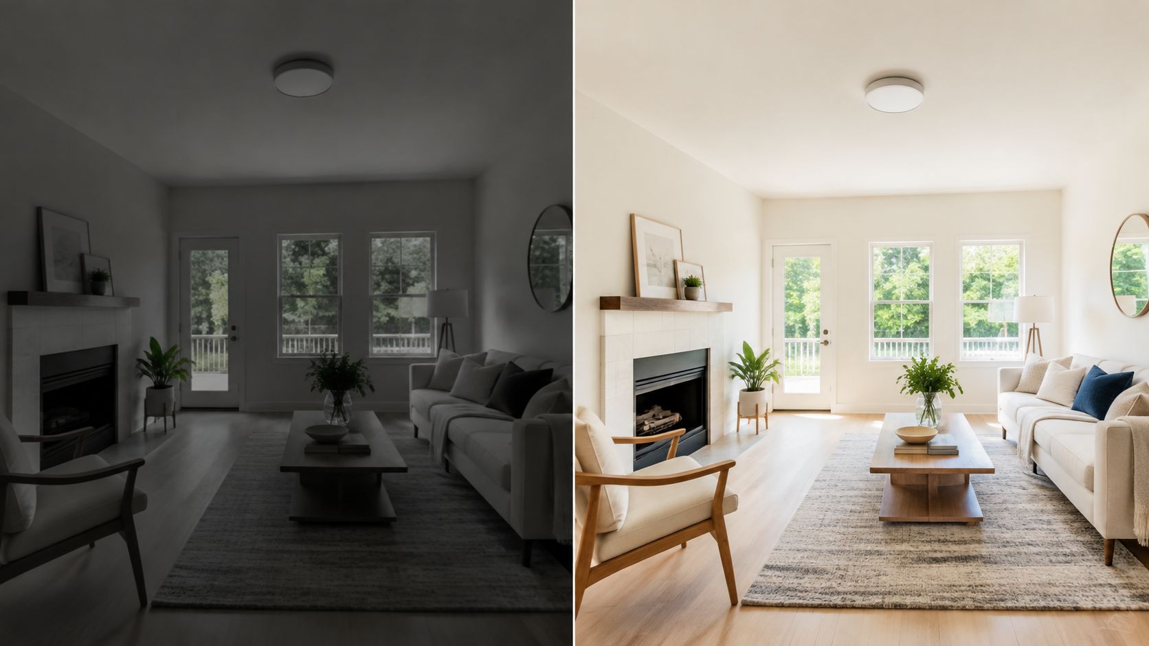 A split-screen comparison showing a dark, unedited living room next to a bright, professionally enhanced interior photograph.