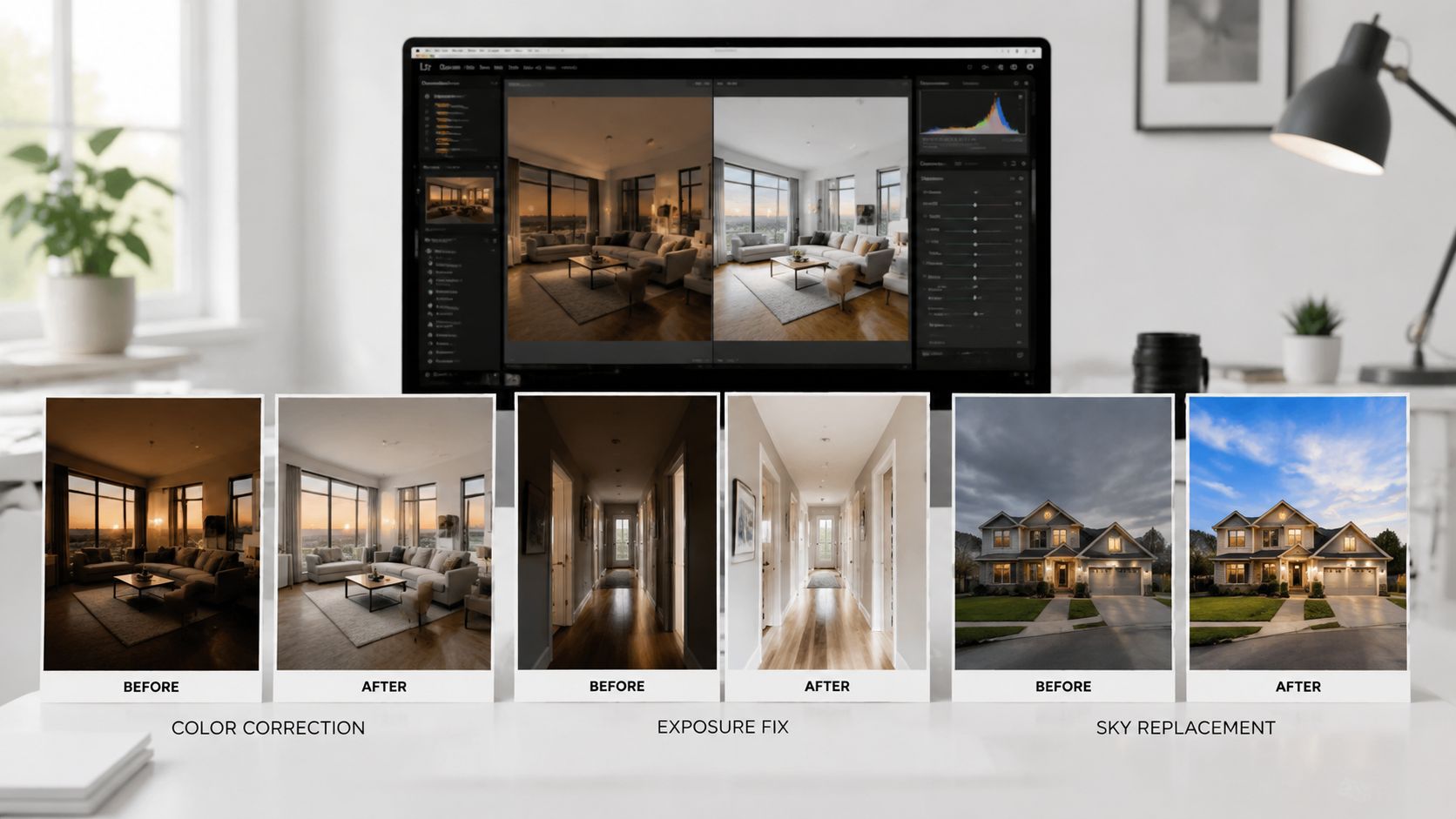 A digital workspace showing real estate photo enhancement services with before and after comparisons of interior and exterior shots.
