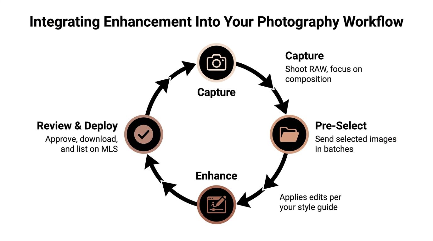 A diagram illustrating a four-step professional photography workflow for real estate, from capture to final deployment.