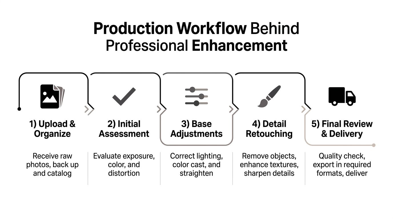 A five-step professional production workflow diagram illustrating the photo enhancement process from upload to final delivery.