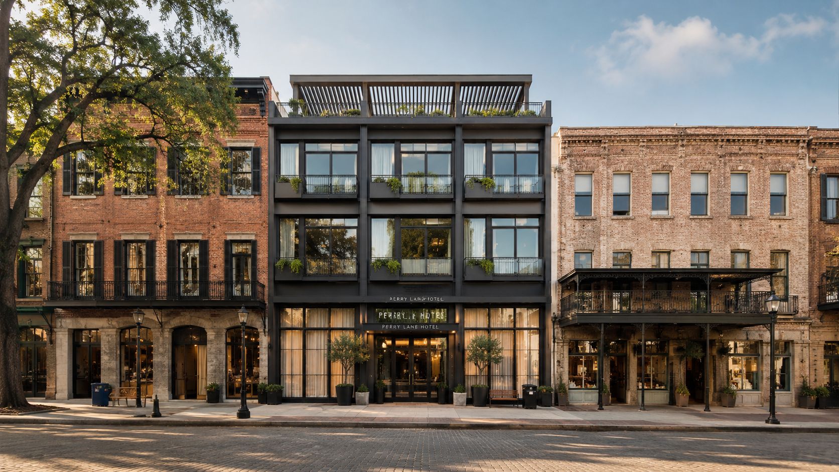 The exterior facade of The Perry Lane Hotel nestled between two historic brick buildings on a sunny street.
