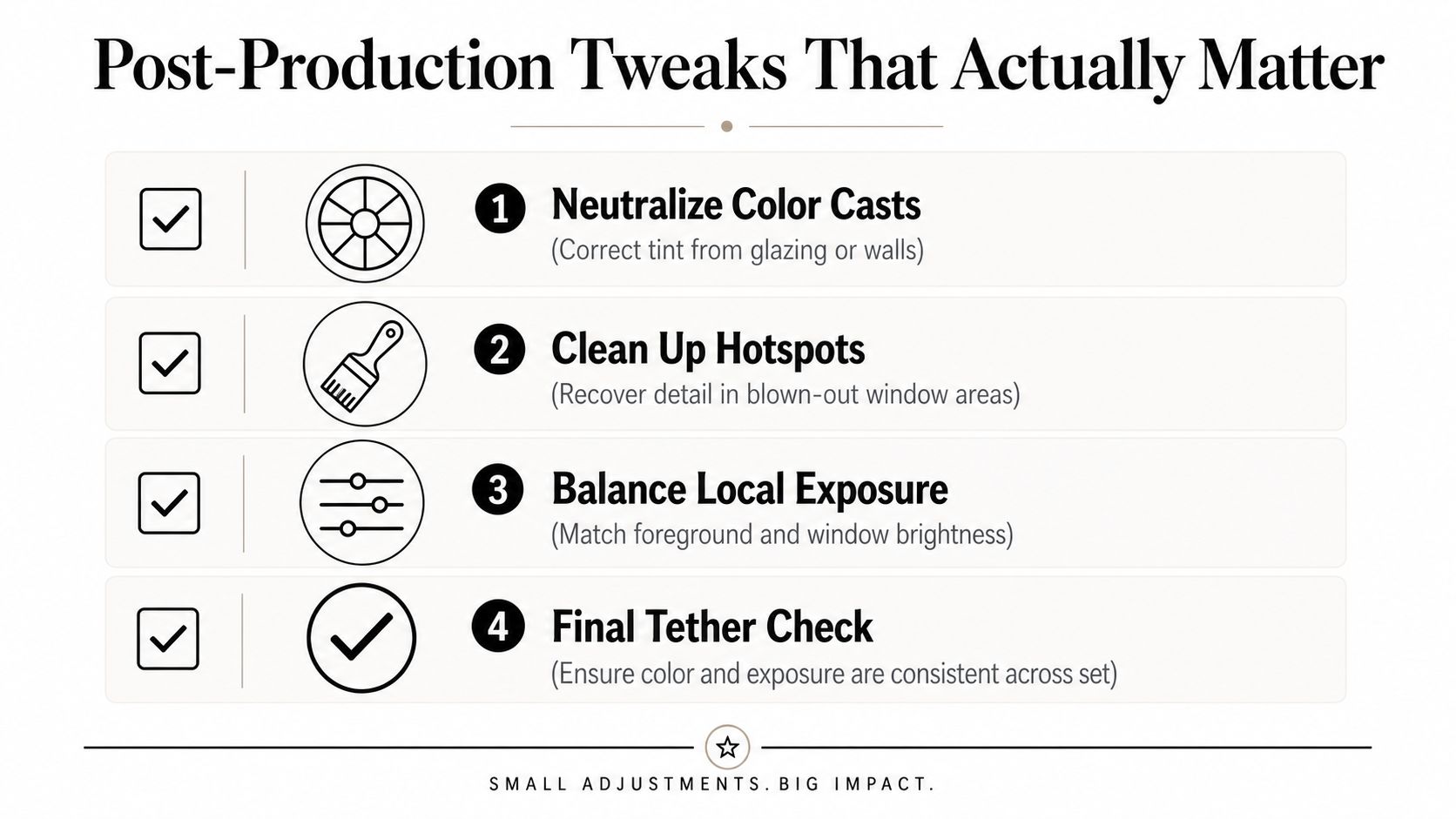 An infographic list outlining four important post-production tweaks for improving window light photography and interior images.