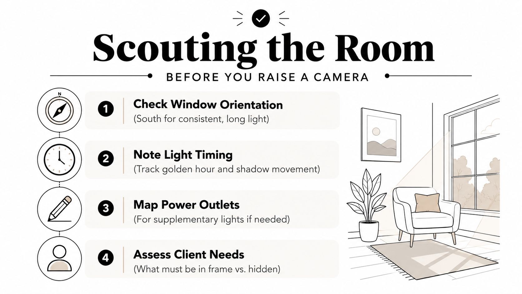 A professional infographic titled Scouting the Room illustrating four key steps for planning interior photography sessions.