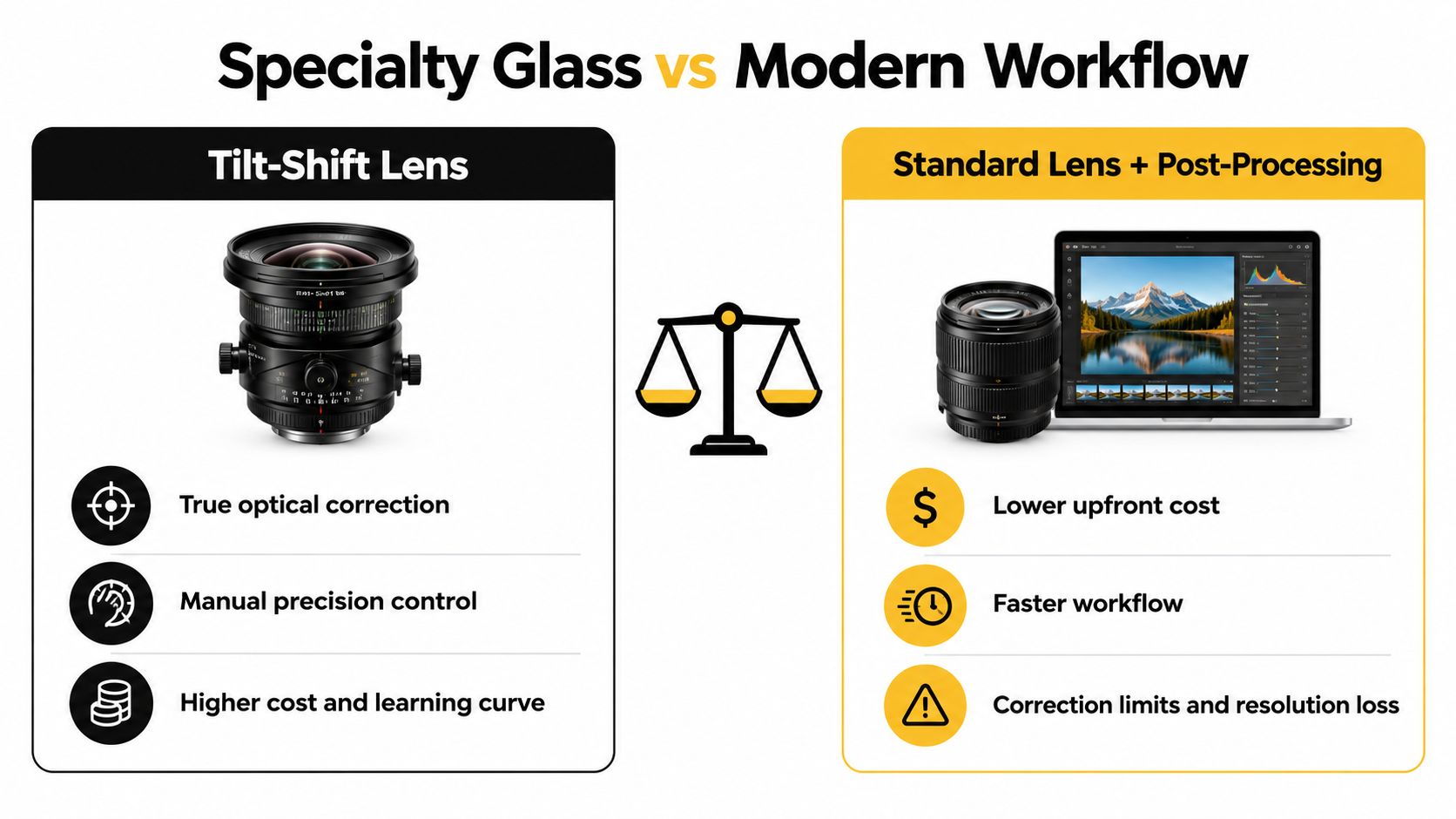 A comparison infographic between specialized tilt-shift lenses and standard lenses with digital post-processing software.