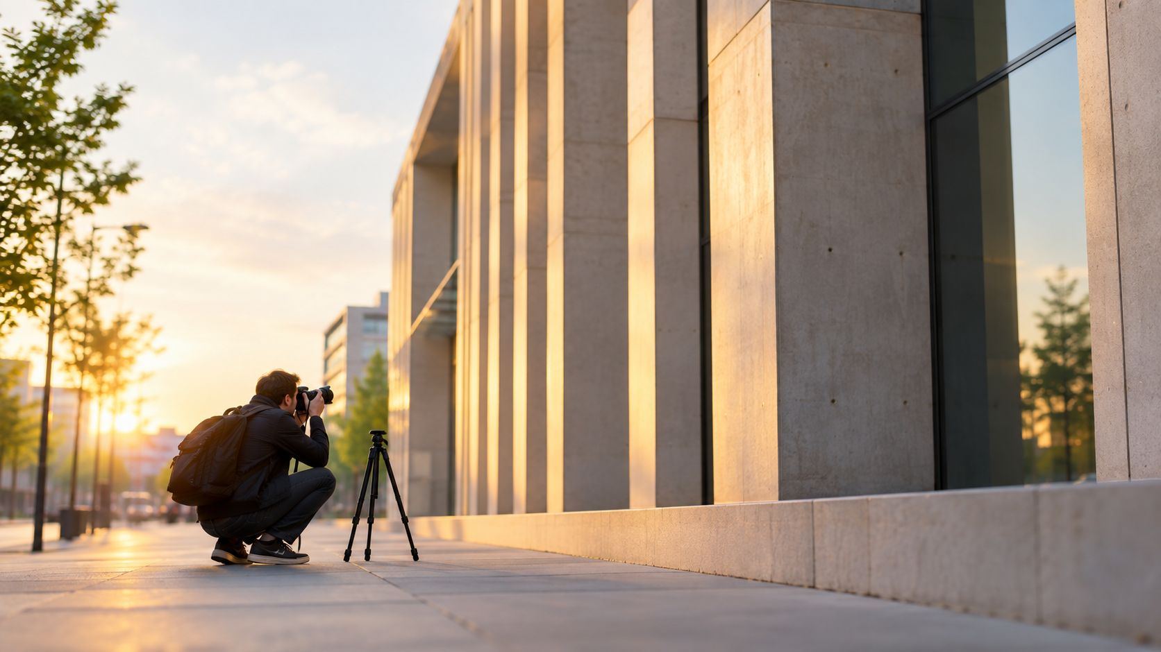 A photographer crouches on a city sidewalk taking architectural photos with a professional camera and a tripod.