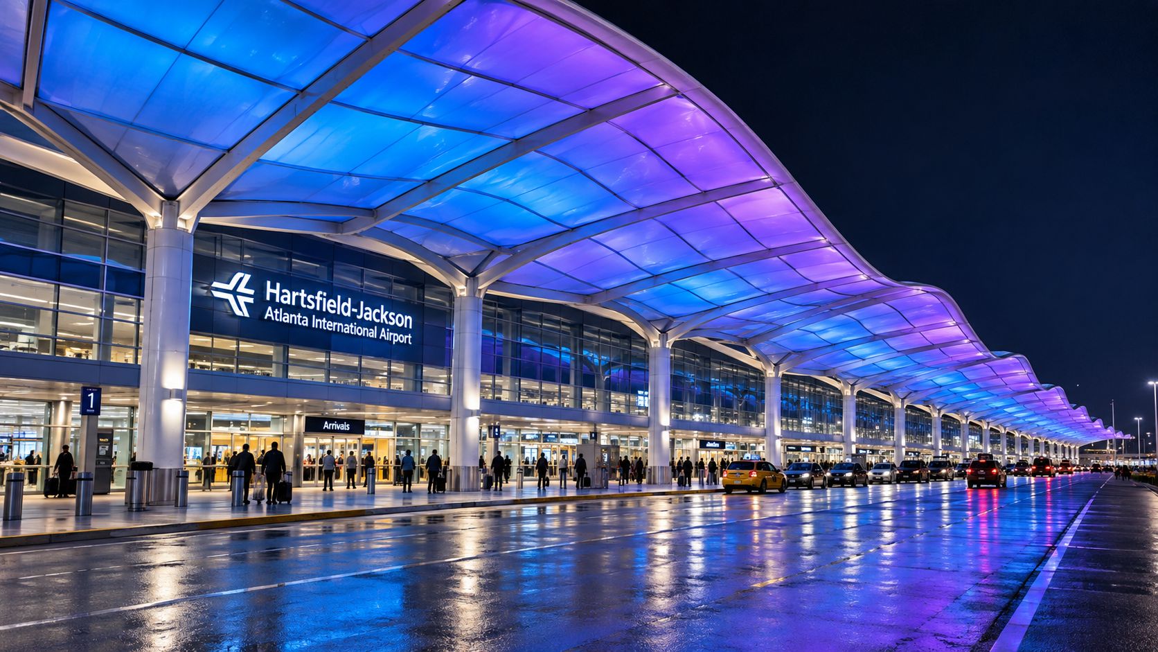 The exterior of Hartsfield-Jackson Atlanta International Airport illuminated by vibrant blue and purple overhead canopy lighting at night.