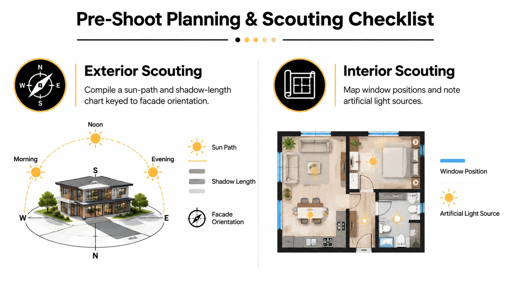 An infographic illustrating pre-shoot planning and scouting steps for architectural photography including sun paths and floor plans.