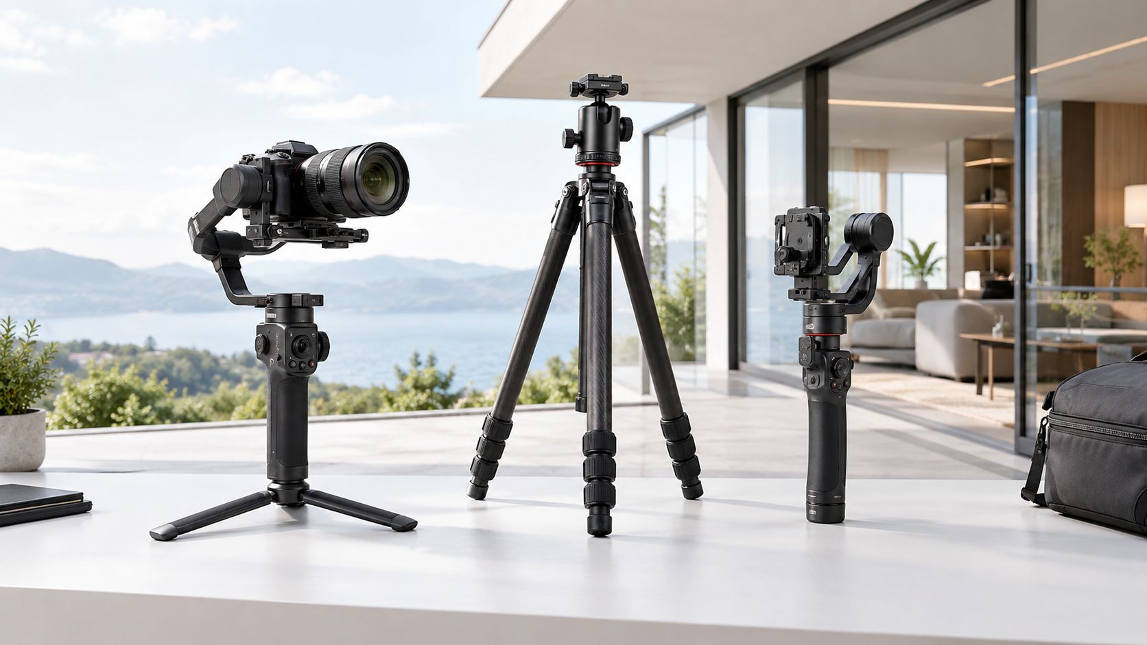 A professional camera gimbal with a mounted camera, a tripod, and a handheld gimbal on a table.