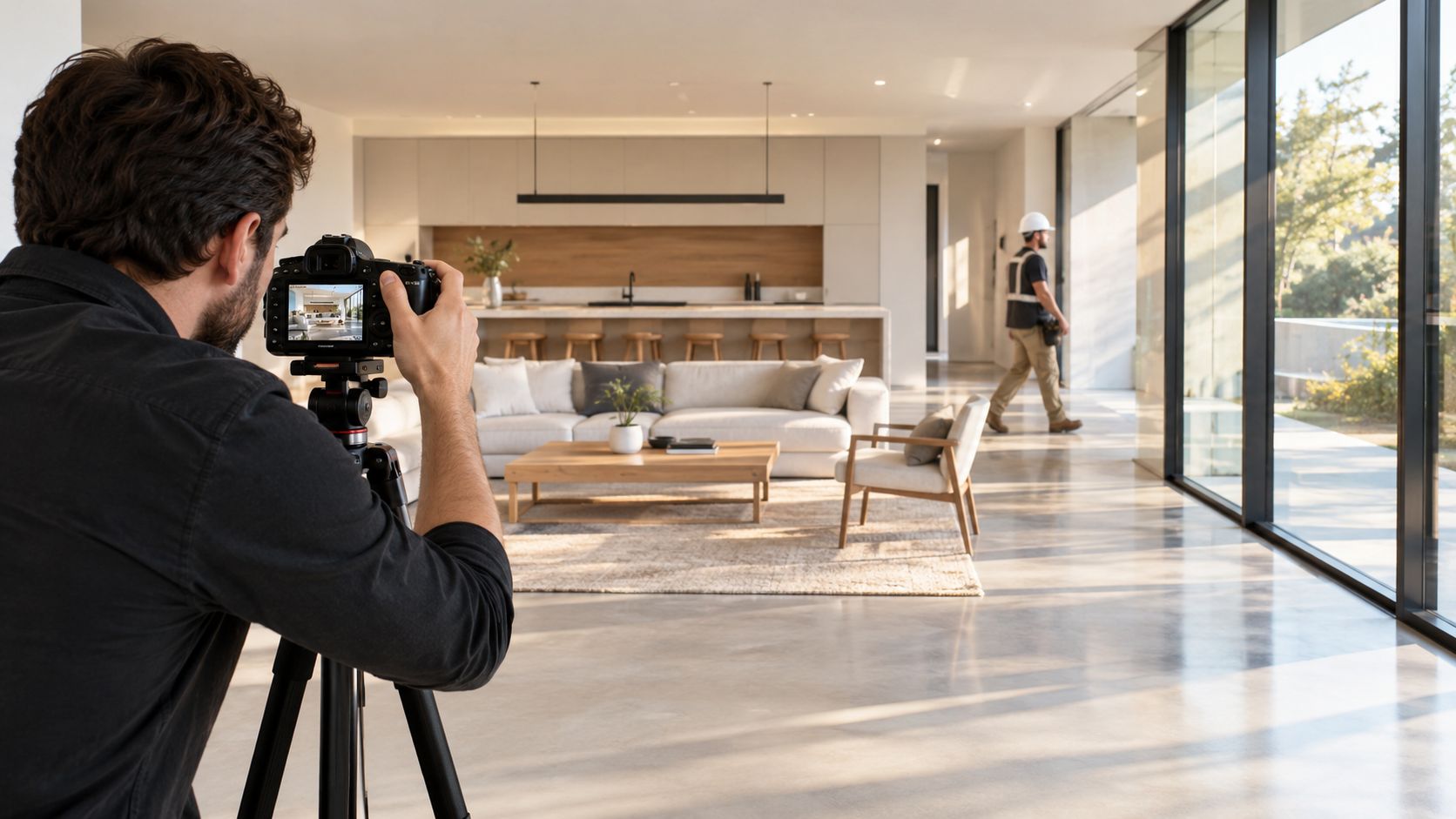 A professional photographer uses a camera on a tripod to capture photos of a modern interior room.