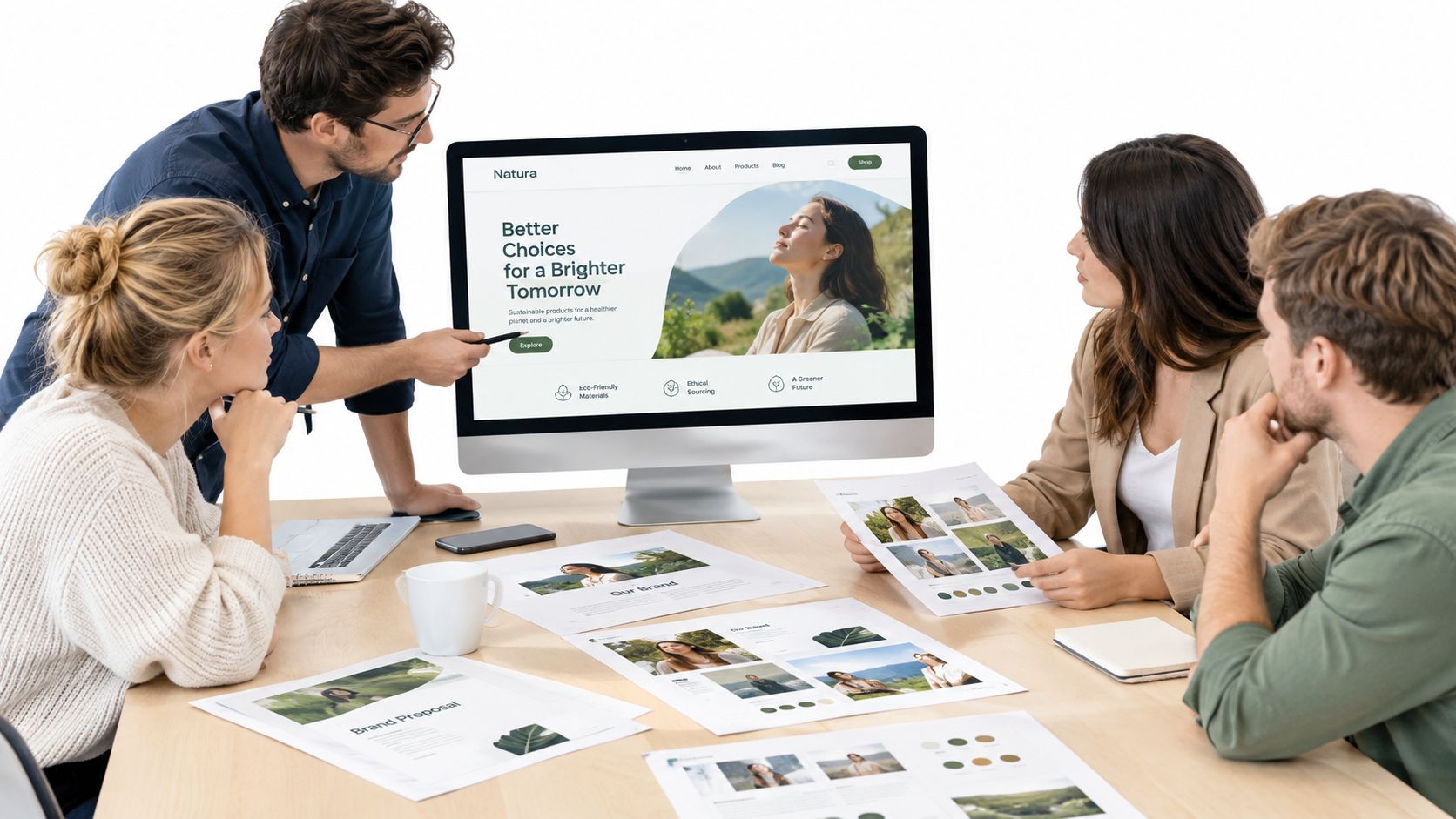A professional team of four collaborating in a bright office while reviewing branding materials on a computer screen.