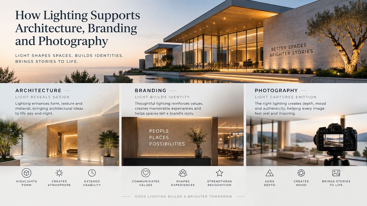 An infographic explaining how professional lighting design impacts architecture, business branding, and professional photography projects.