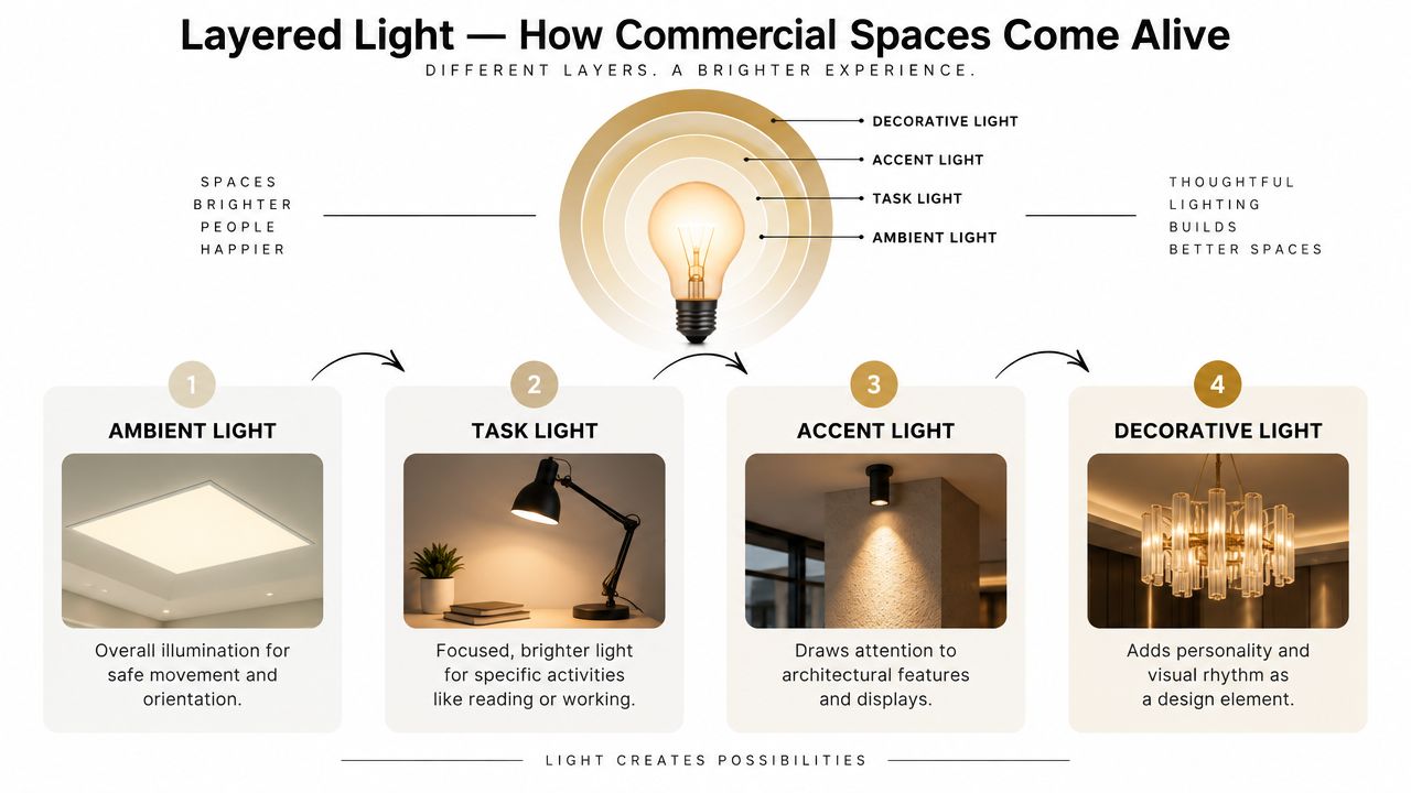 A diagram explaining four layers of commercial lighting design: ambient, task, accent, and decorative lighting.