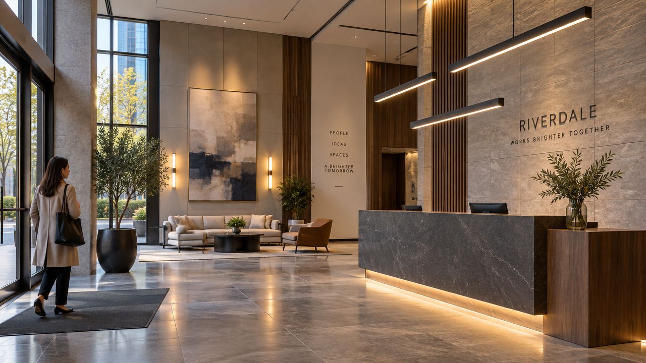 A modern, sophisticated office lobby featuring warm ambient lighting, sleek marble finishes, and a professional reception desk.