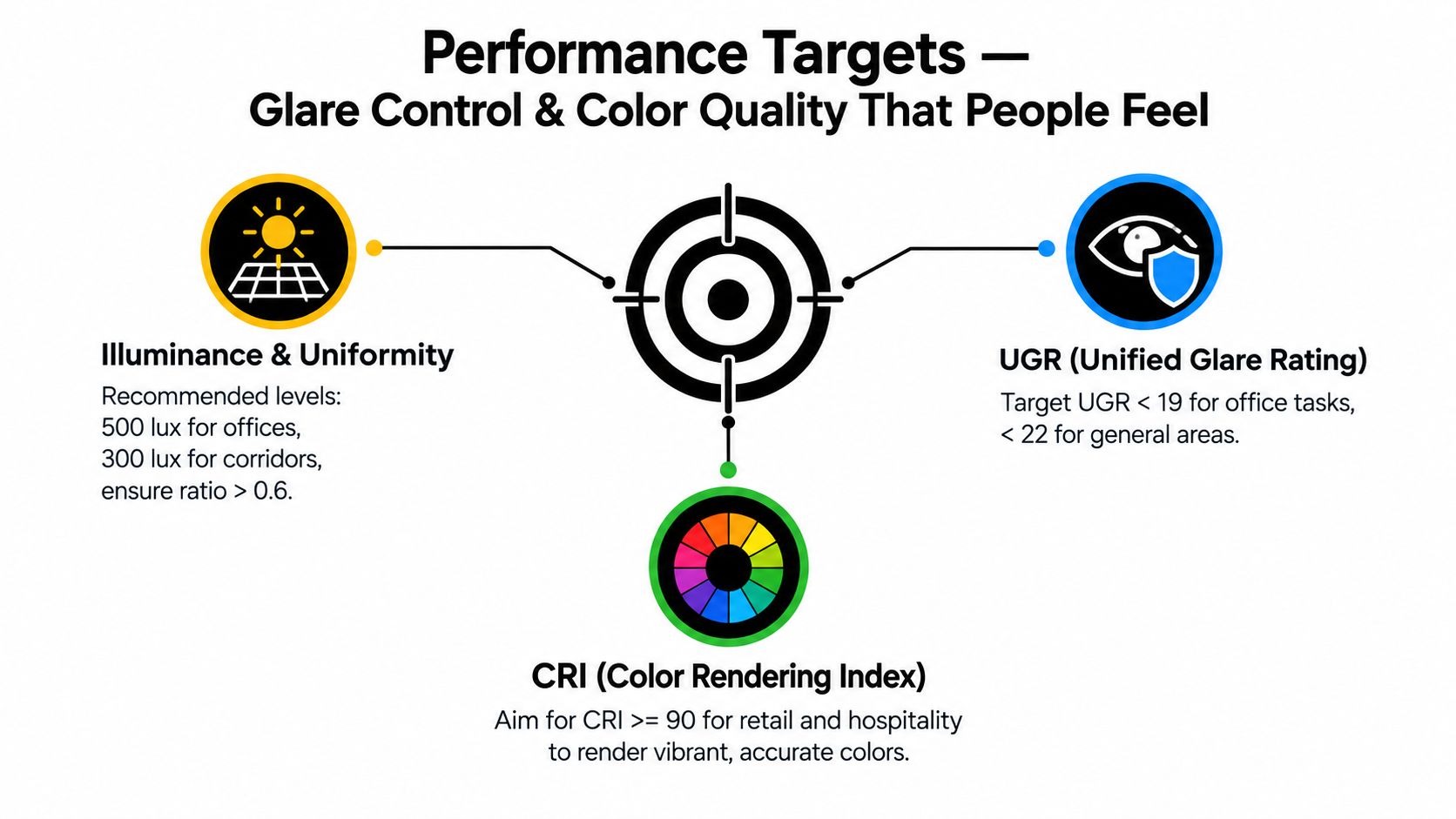 A diagram outlining performance targets for commercial lighting design, focusing on illuminance, glare control, and color quality.