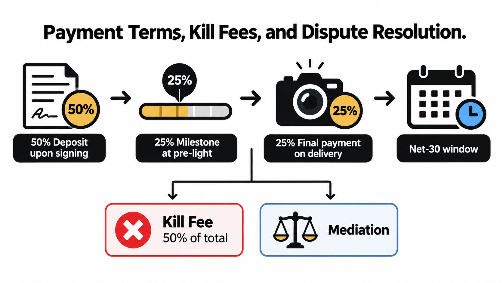 A diagram outlining commercial photography payment terms, including deposits, milestones, final delivery, kill fees, and mediation processes.