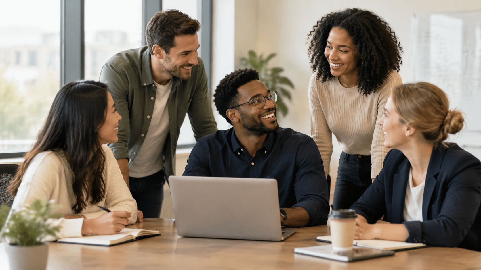 A diverse group of professional colleagues collaborating and smiling during a business meeting in an office.
