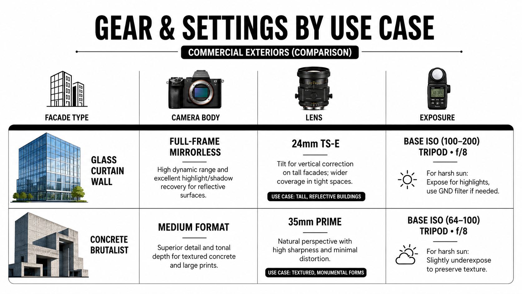 A comparison chart outlining recommended camera gear and settings for photographing glass curtain wall and concrete brutalist exteriors.