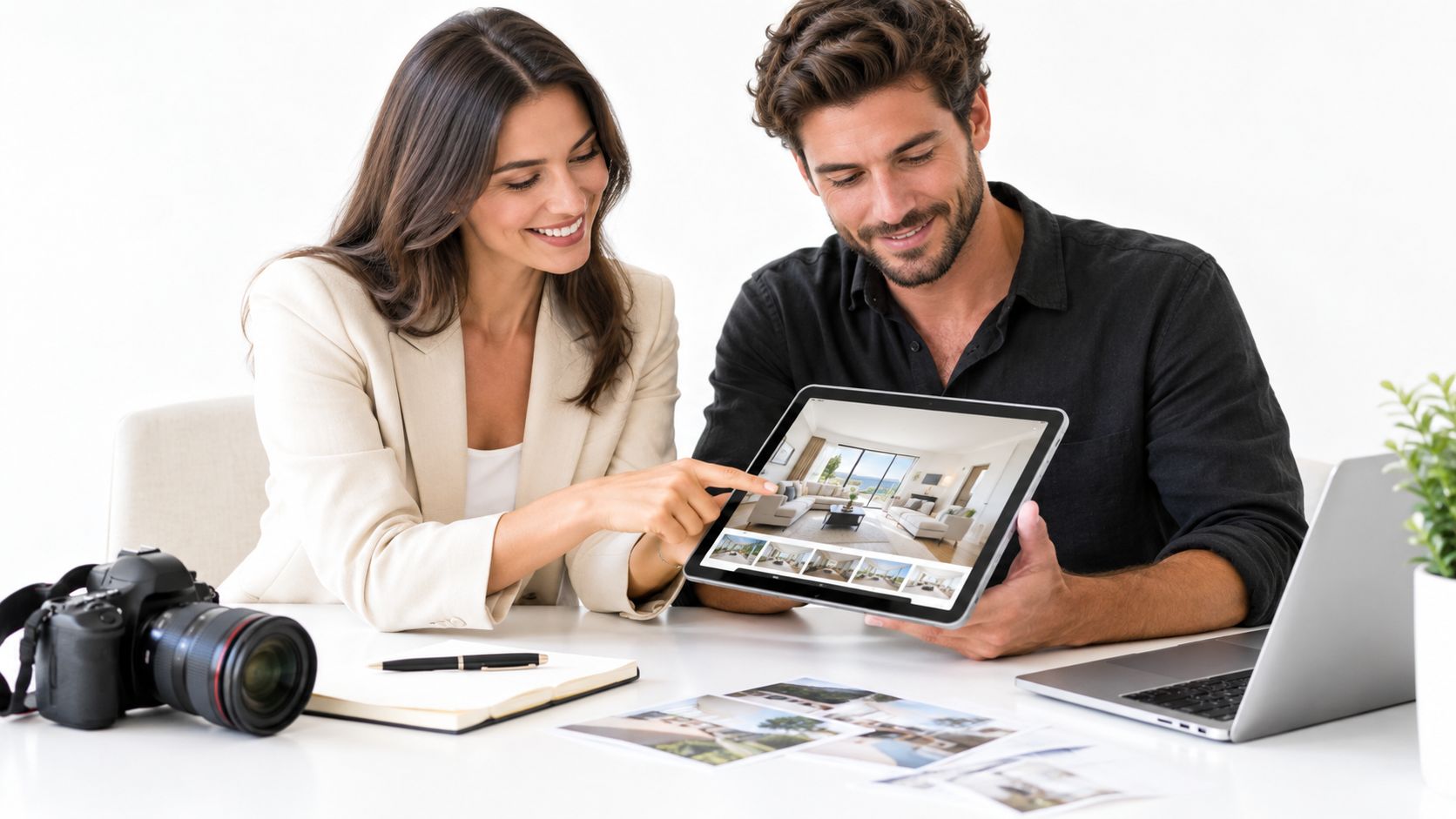 A professional real estate photographer and a client reviewing interior house photos on a digital tablet.