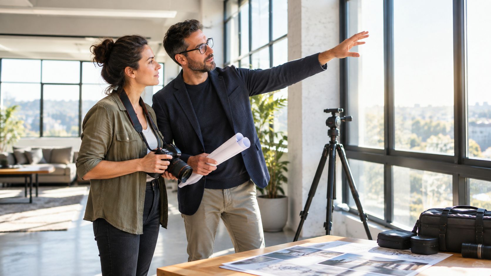 An architect pointing at a window while discussing building plans with a professional photographer in a studio.