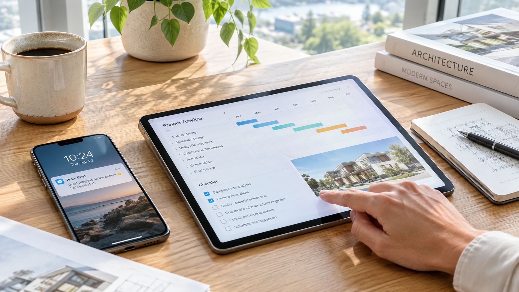A person using a digital tablet to manage an architecture project timeline while sitting at a desk.