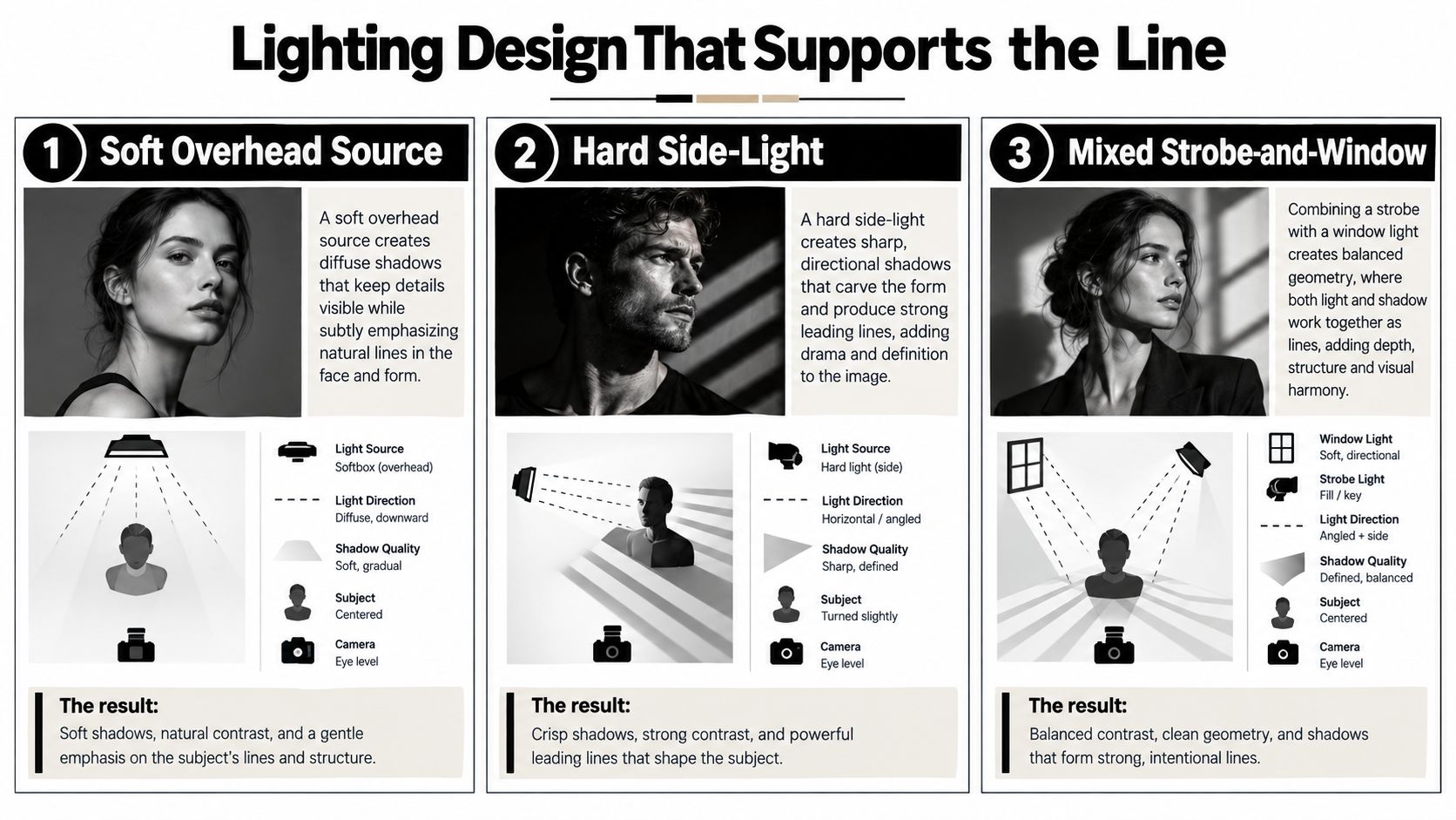 An educational infographic explaining three different lighting techniques to enhance leading lines in photography portraits.