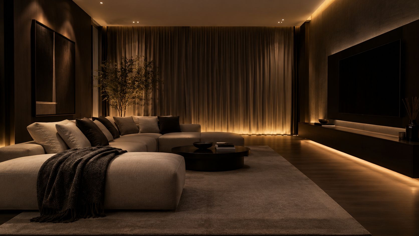 A modern, dimly lit living room featuring a cozy sectional sofa, ambient strip lighting, and large curtains.