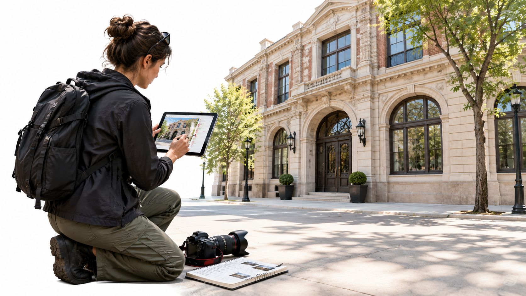 A professional photographer kneeling on the ground while scouting a historic building location using a tablet device.