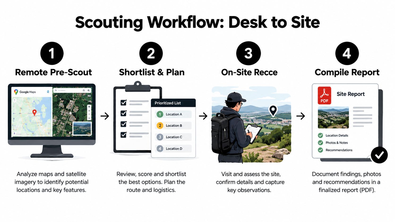 A four-step infographic illustrating a professional location scouting workflow from initial desk research to final report creation.