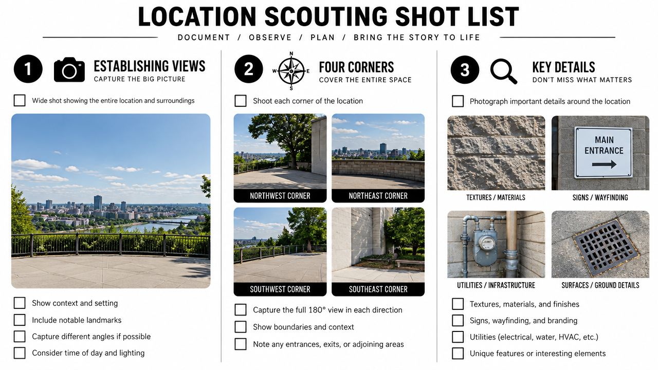 A visual guide titled Location Scouting Shot List outlining steps for documenting and planning film locations.