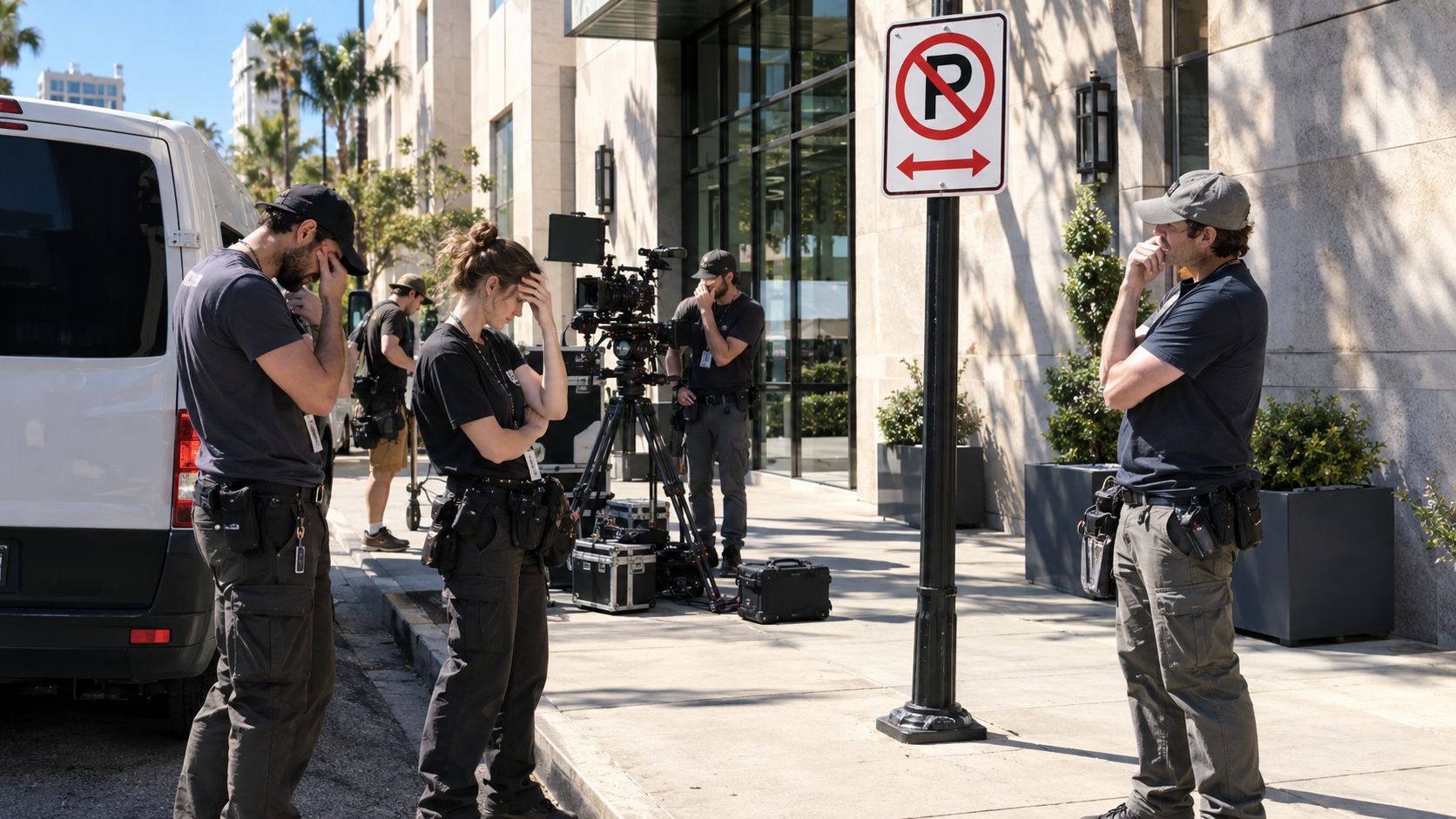 Film crew members standing on a city sidewalk next to their production equipment and a parked van.