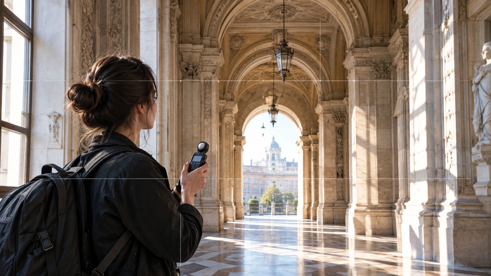 A woman holding a light meter while scouting a scenic, historic architectural location for photography.