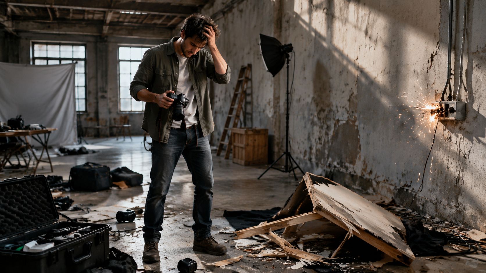 A frustrated photographer in a dilapidated studio looking at electrical sparks coming from a wall outlet.