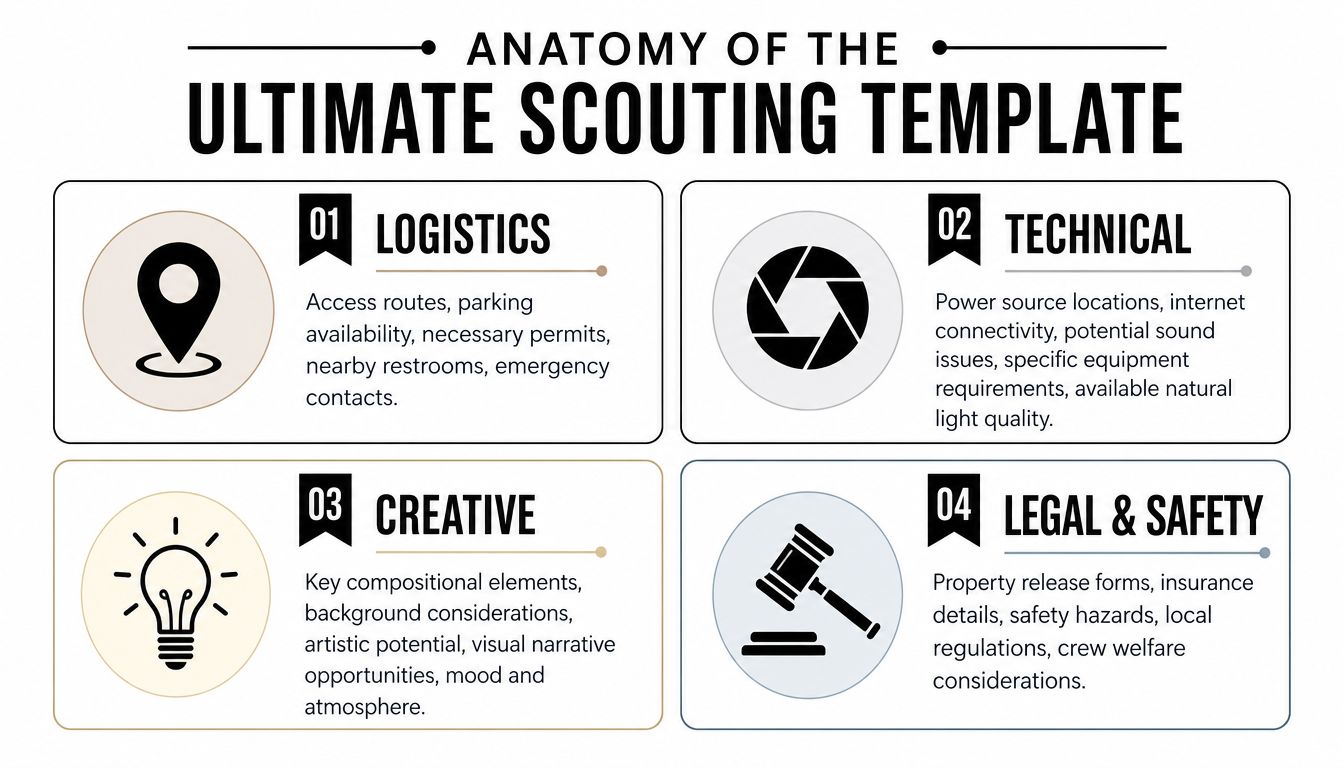 An infographic detailing the four essential components for a location scouting template including logistics, technical, creative, and legal.