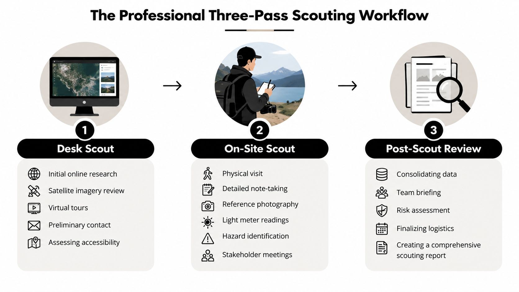 A professional three-pass scouting workflow infographic showing desk research, on-site scouting, and post-scout review steps.