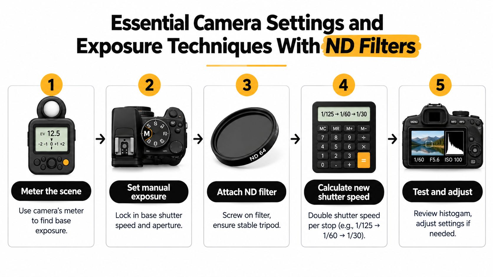 A five-step infographic illustrating how to use neutral density filters for manual camera exposure and long-exposure photography.