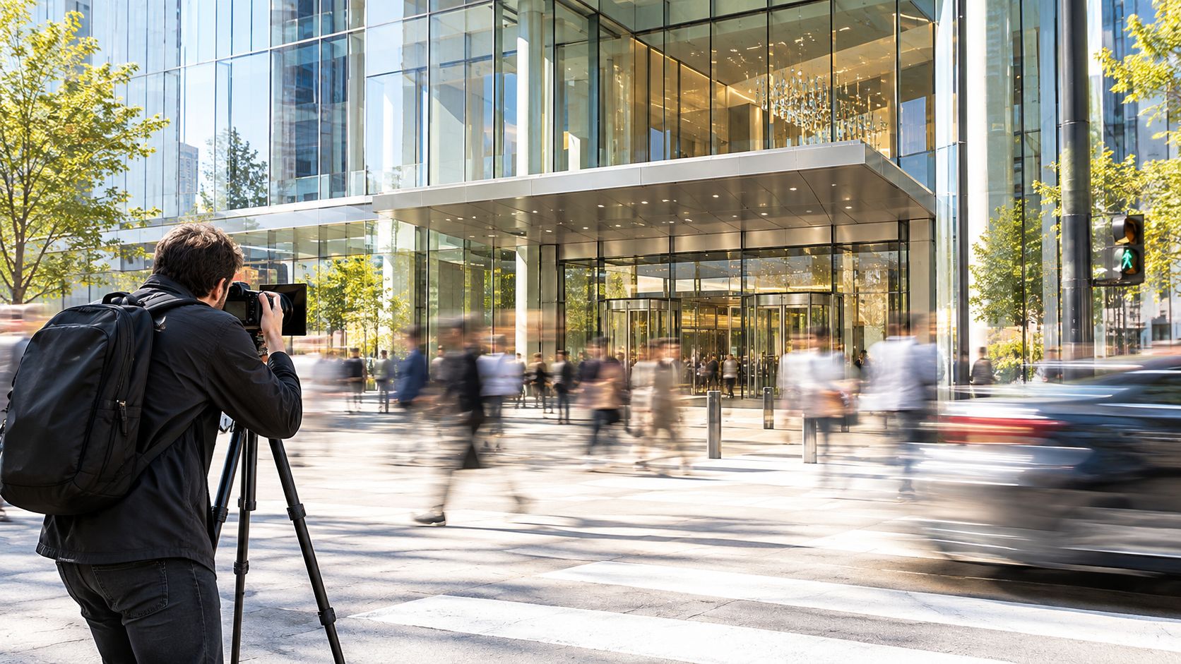 A photographer uses a tripod and camera with a neutral density filter to capture city motion blur.