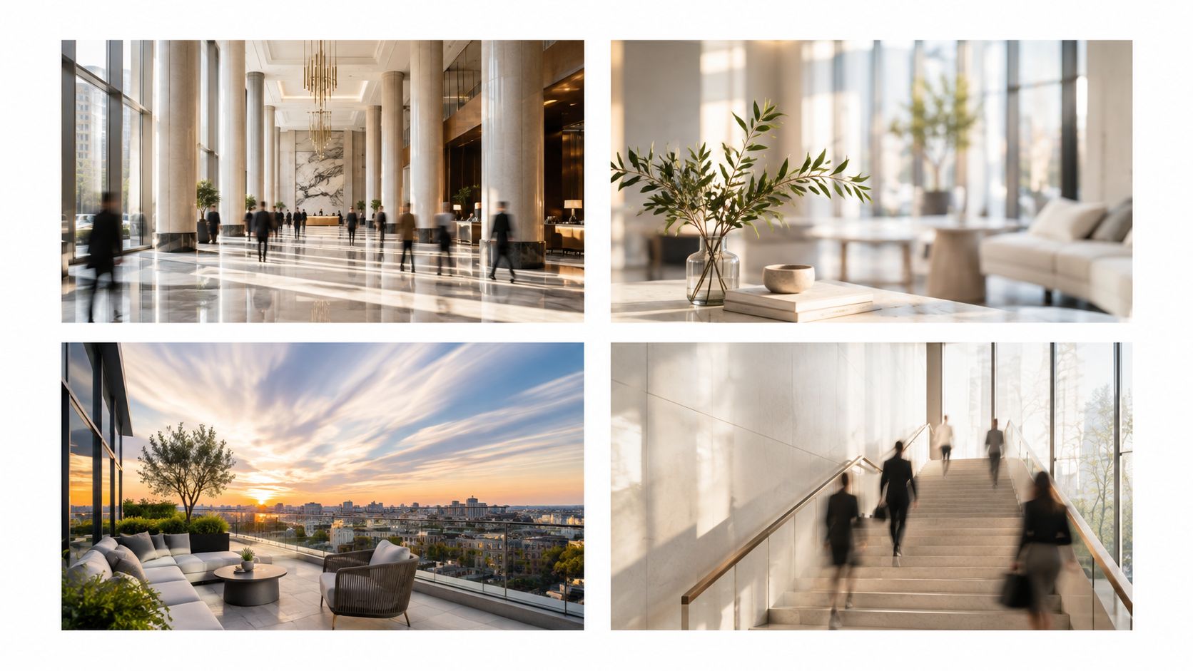 A composite image displaying luxury hotel lobby, interior decor, scenic sunset terrace, and busy staircase, reflecting professional architecture.