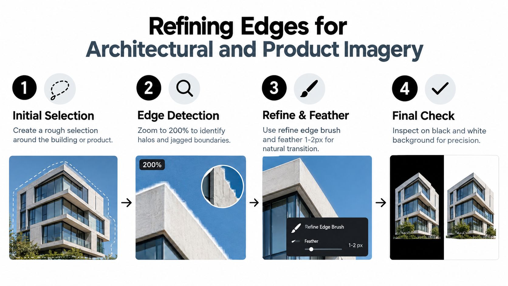 A four-step infographic showing the process of refining edges for architectural and product photo masking.