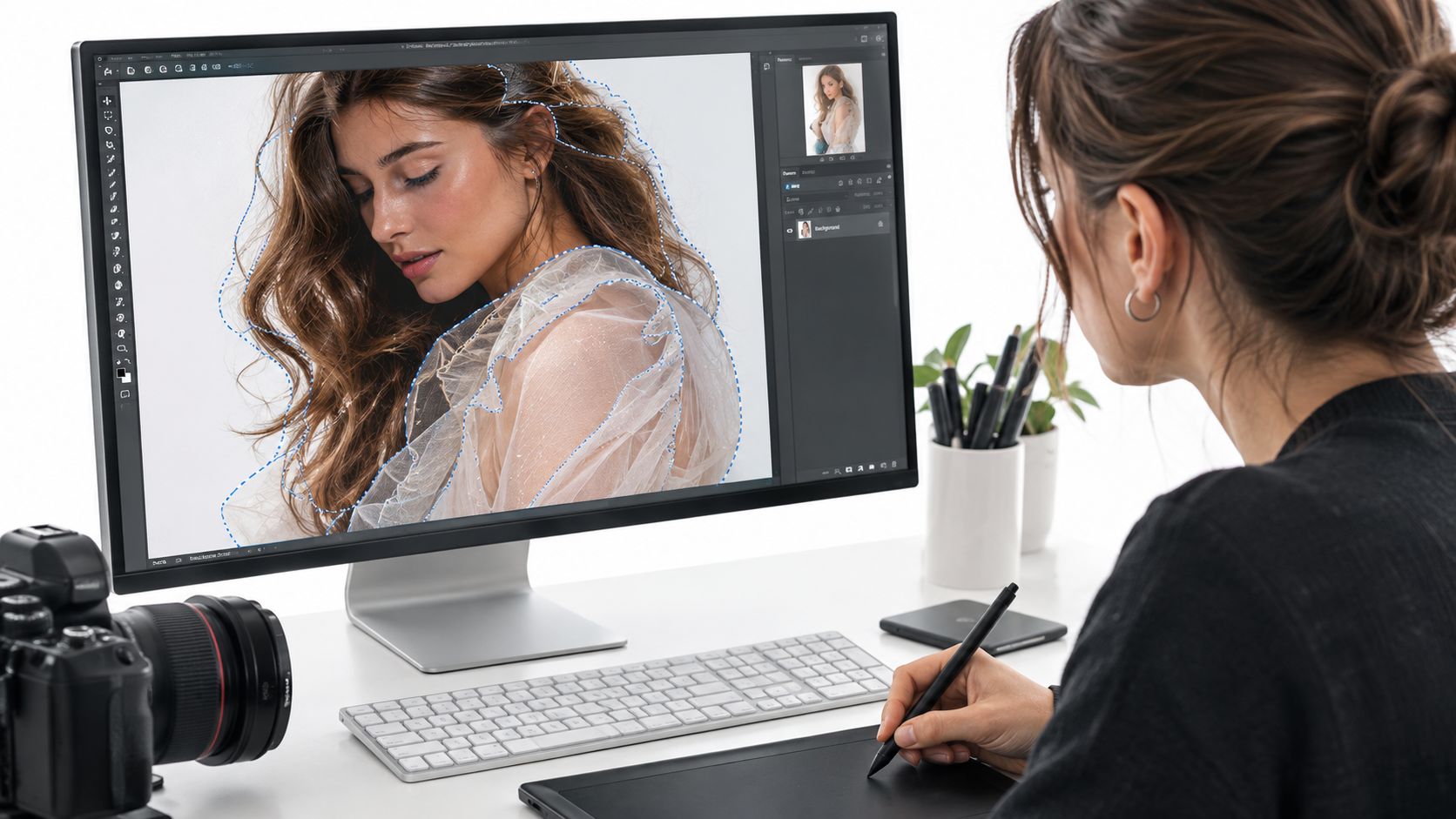A female graphic designer using a pen tablet to perform photo editing and masking on a computer monitor.
