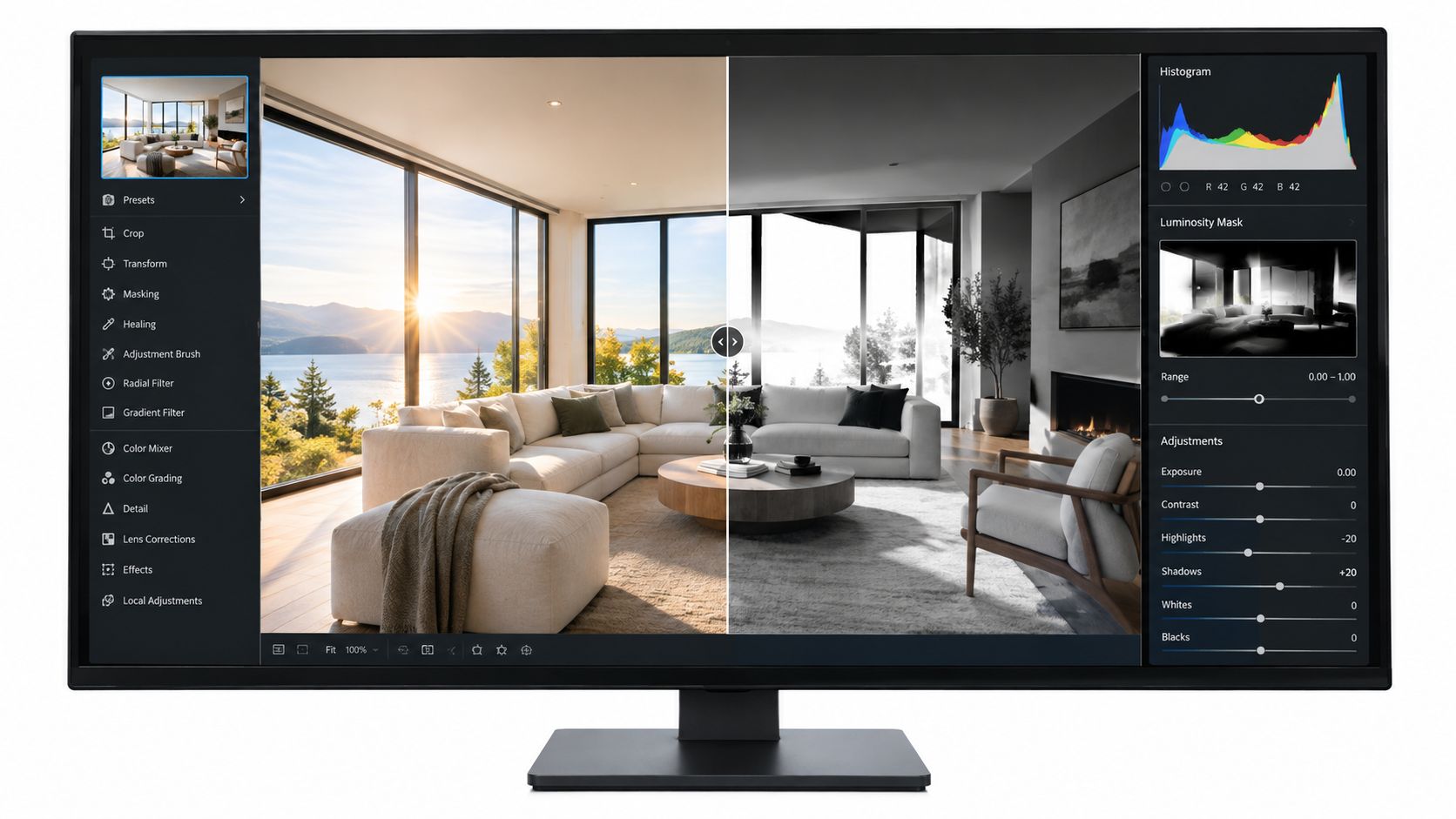 A computer monitor displaying professional photo editing software with a split view showing a color and black-and-white living room.