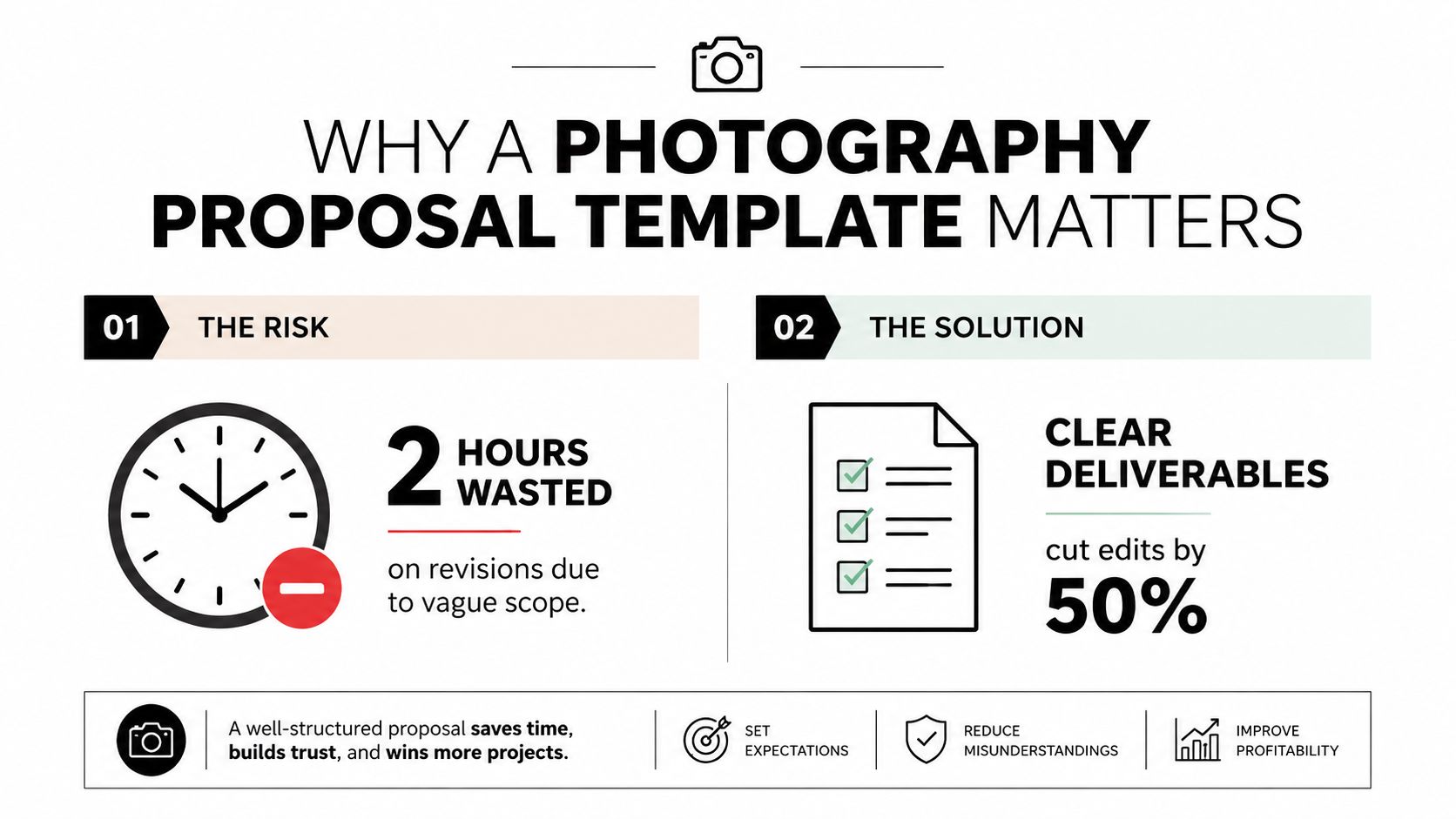 An infographic illustrating why using a photography proposal template saves time, sets expectations, and increases project profitability.