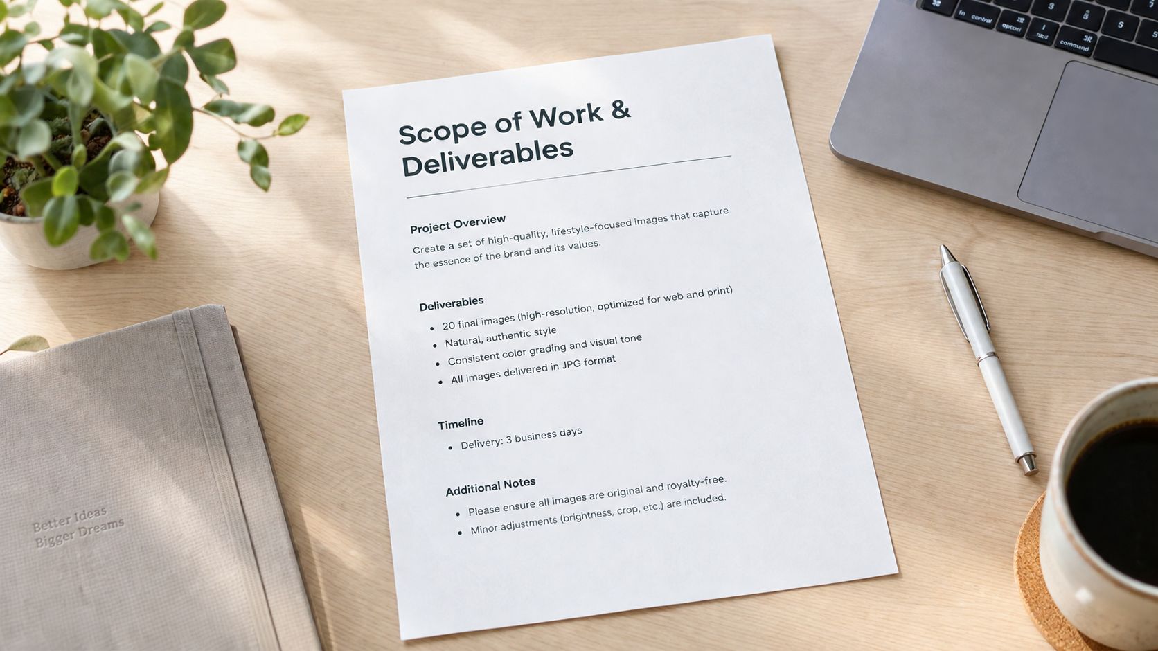 A document titled Scope of Work and Deliverables rests on a wooden desk next to coffee.