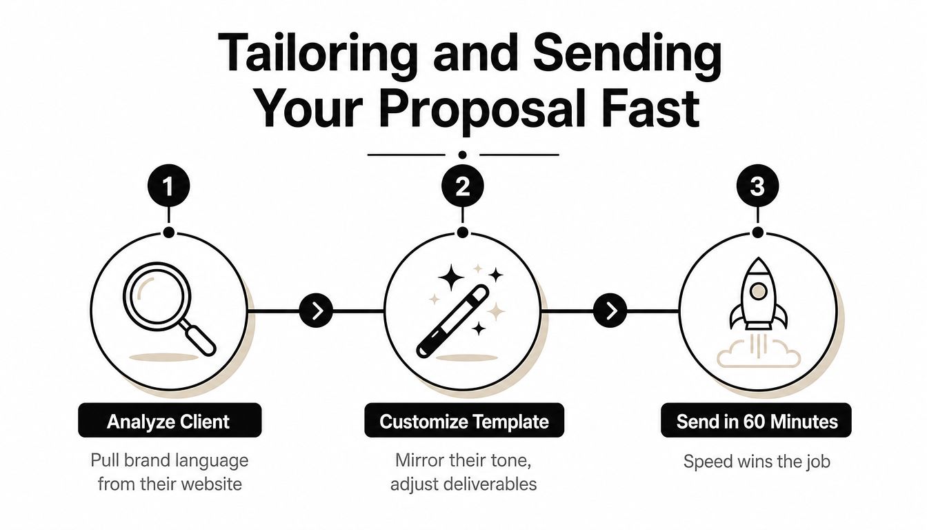 A three-step infographic showing how to quickly tailor and send a professional business proposal to clients.