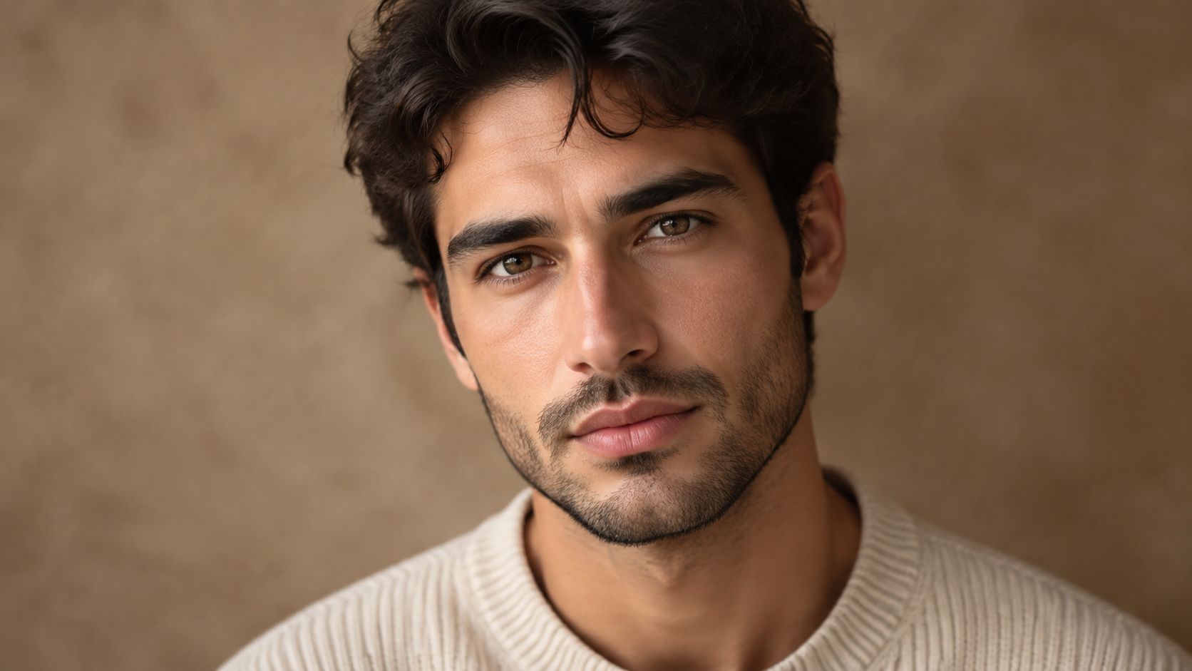 A professional portrait of a handsome man with dark hair and hazel eyes wearing a beige sweater.