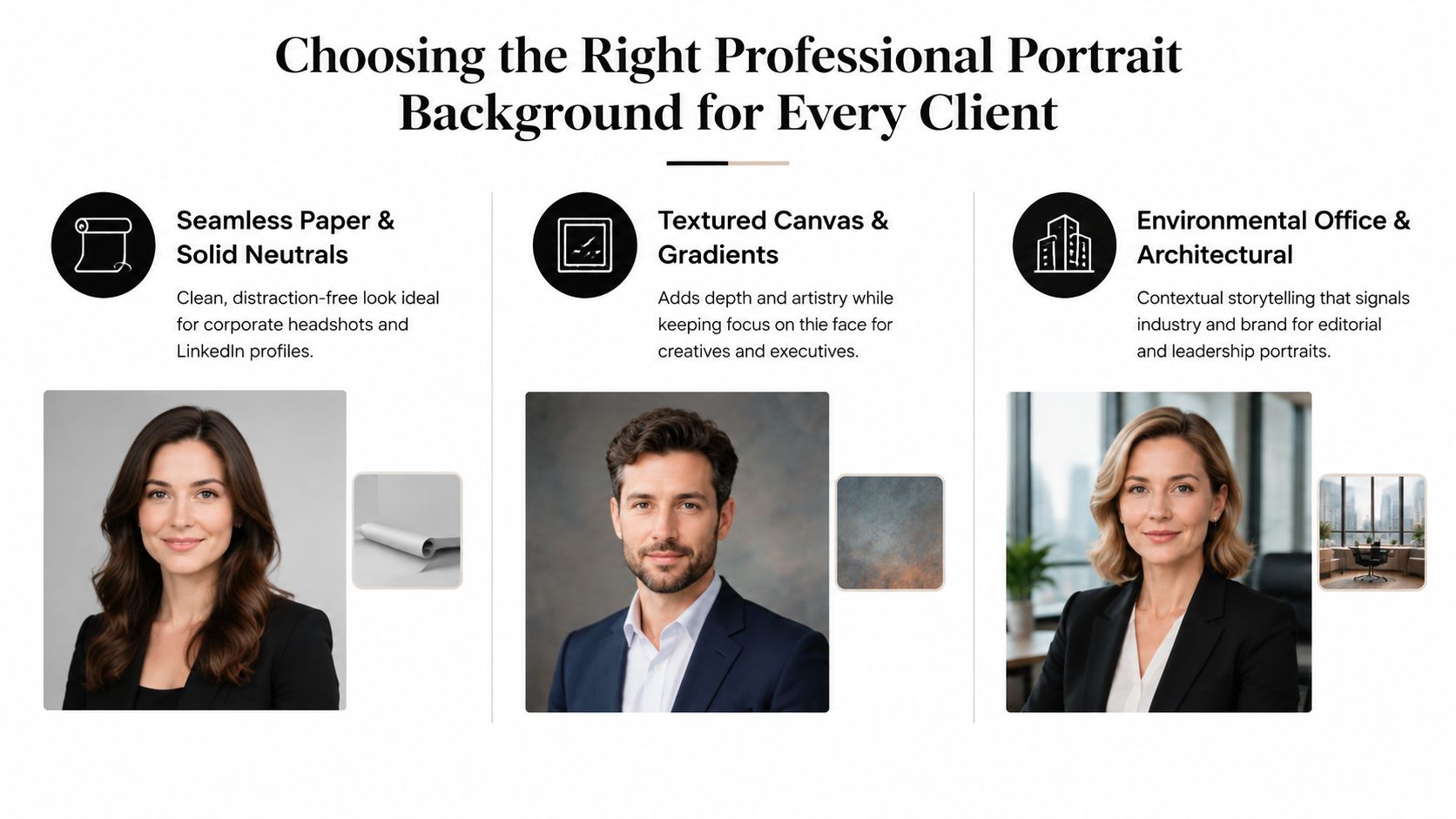 An infographic showing three types of professional portrait backgrounds for corporate, creative, and leadership photography styles.