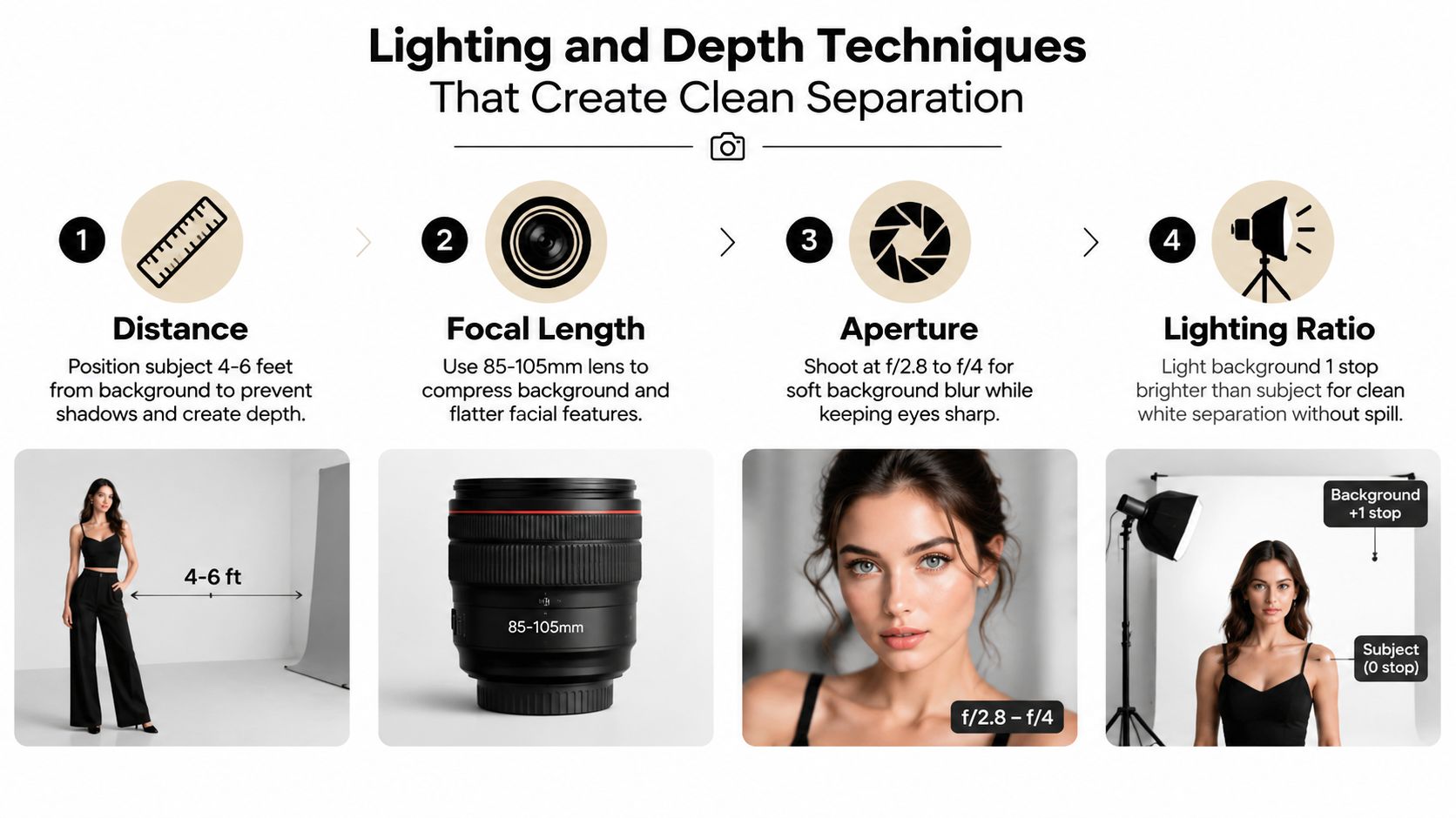 An infographic illustrating four lighting and depth techniques for achieving professional studio portrait background separation.