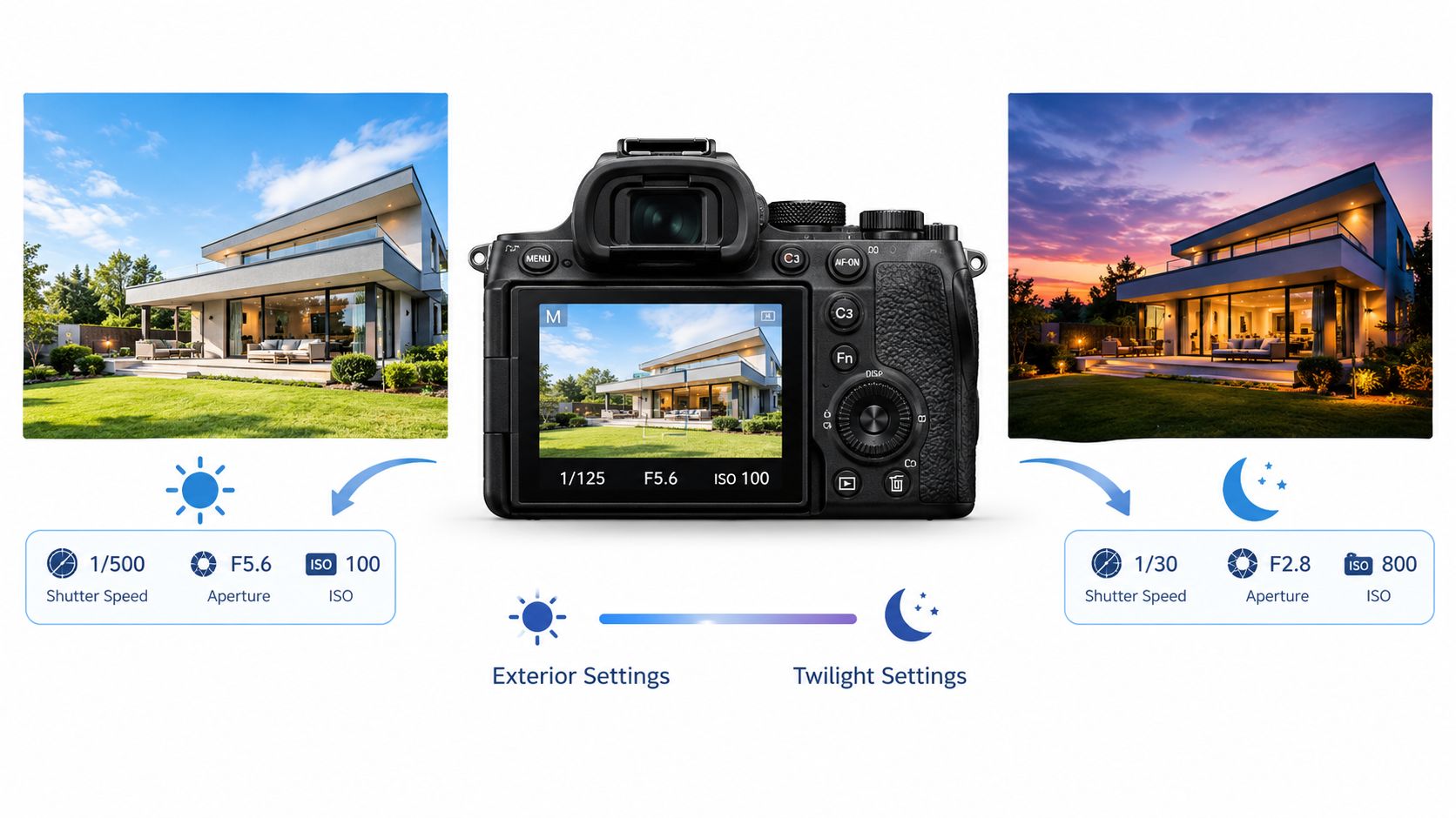 A professional camera showing different exposure settings for daytime and twilight real estate photography.