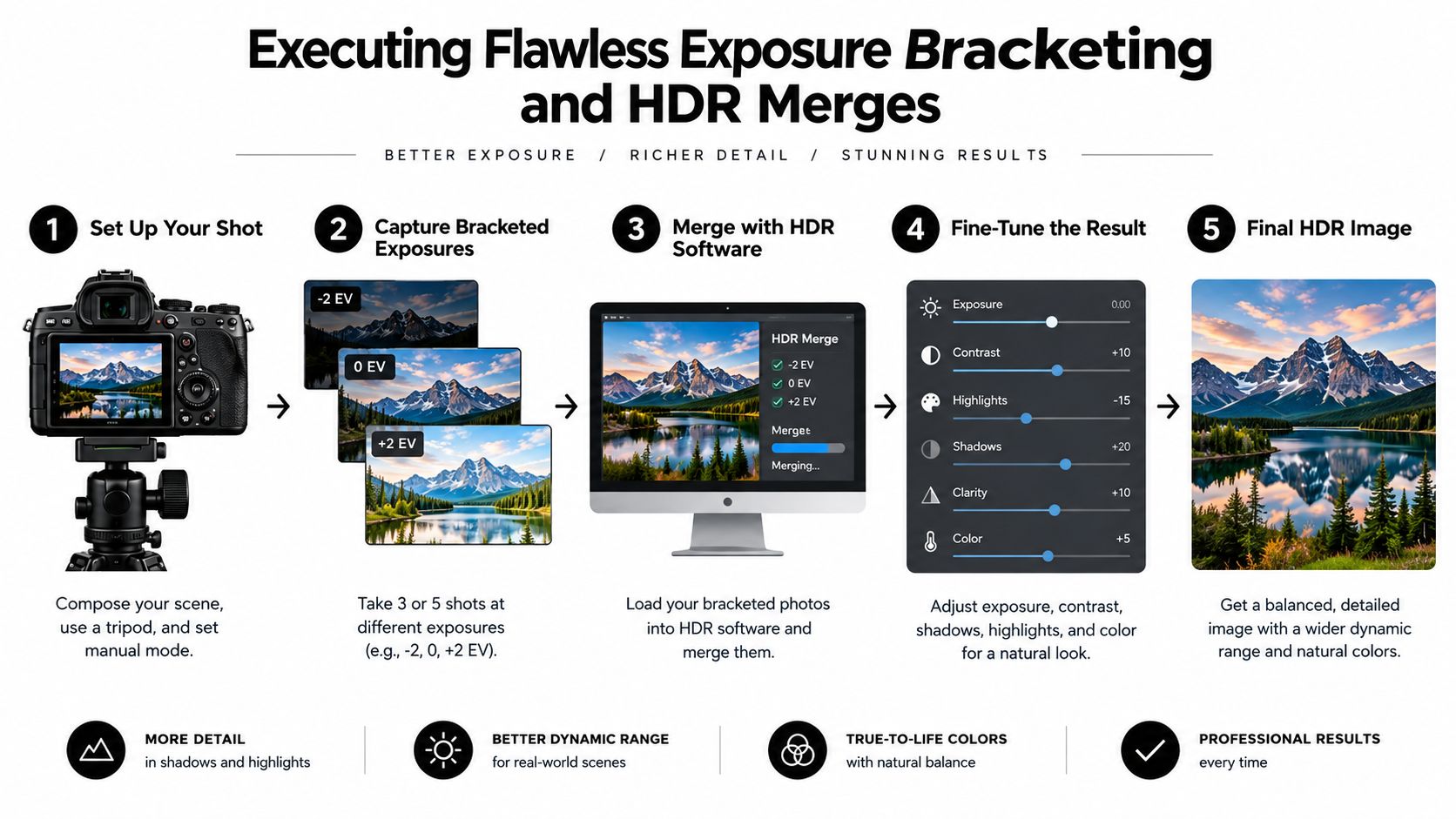 An infographic showing the five-step process of executing flawless exposure bracketing and HDR photo merging for photography.