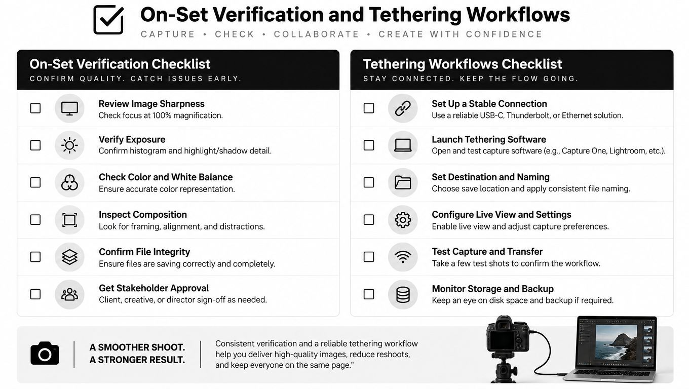 An infographic checklist for on-set image verification and tethered photography workflows to ensure high-quality professional results.