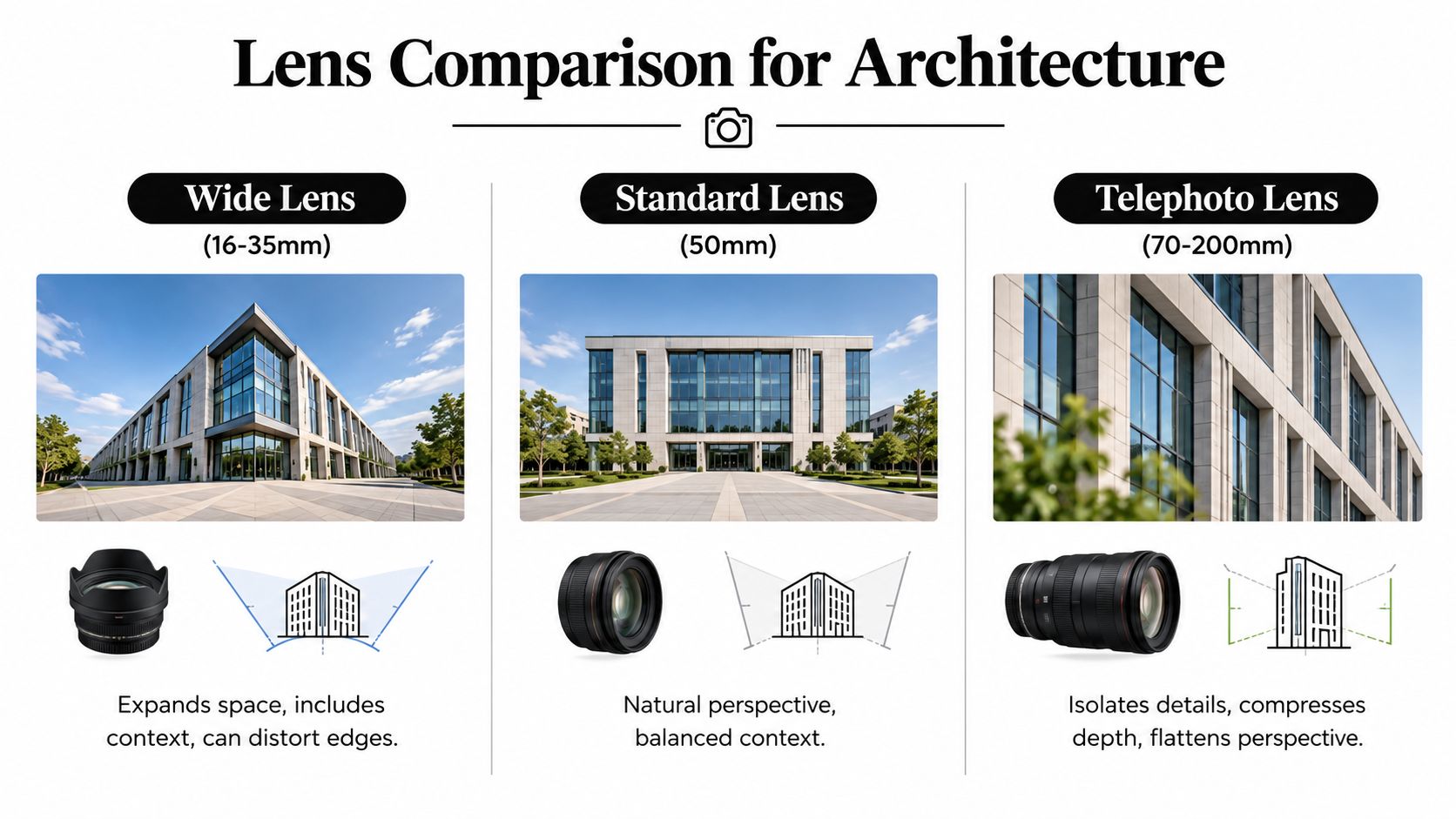 A comparative guide showing how different camera lenses affect the perspective and framing of architectural building photographs.